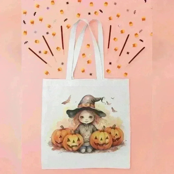 Little Witch Girl in Hat Halloween Canvas Tote Bag - Picture 1 of 3